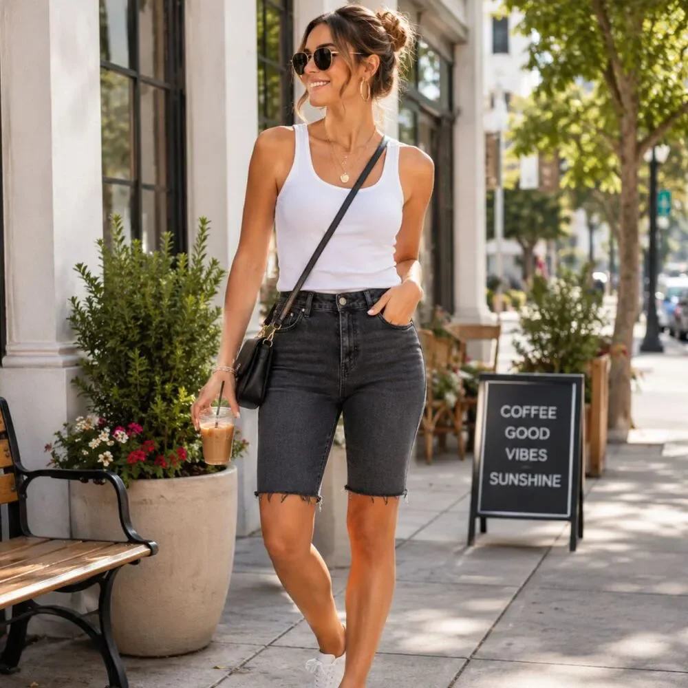 Wild Fable Black High Rise Bermuda Jean Shorts Women's 16 Raw Hem Stretch